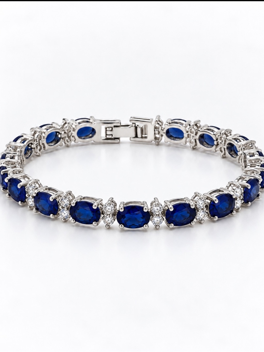 Blue Oval CZ Tennis Bracelet 20CT 7in Silver Tone Luxury Statement Jewelry